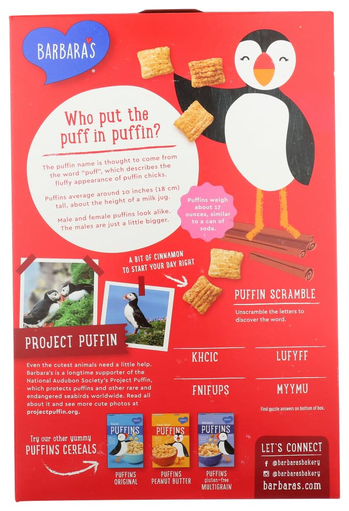Barbara's Bakery Puffins Cereal, Cinnamon, 10-Ounce ( pack of 60)60