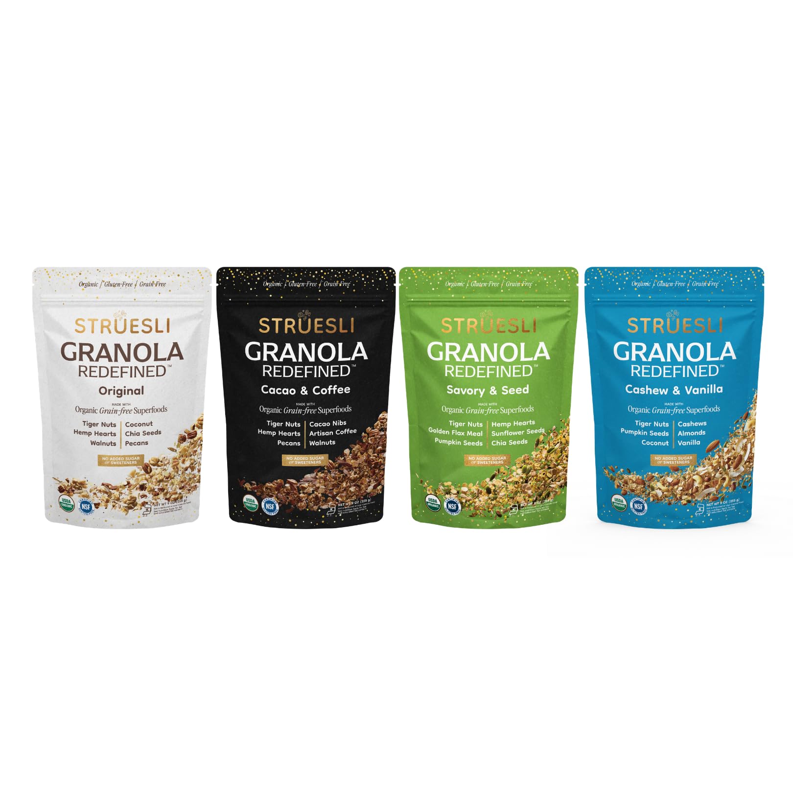 Struesli Organic Granola, Grain & Gluten Free, Healthy Snacks with Chia Seeds,