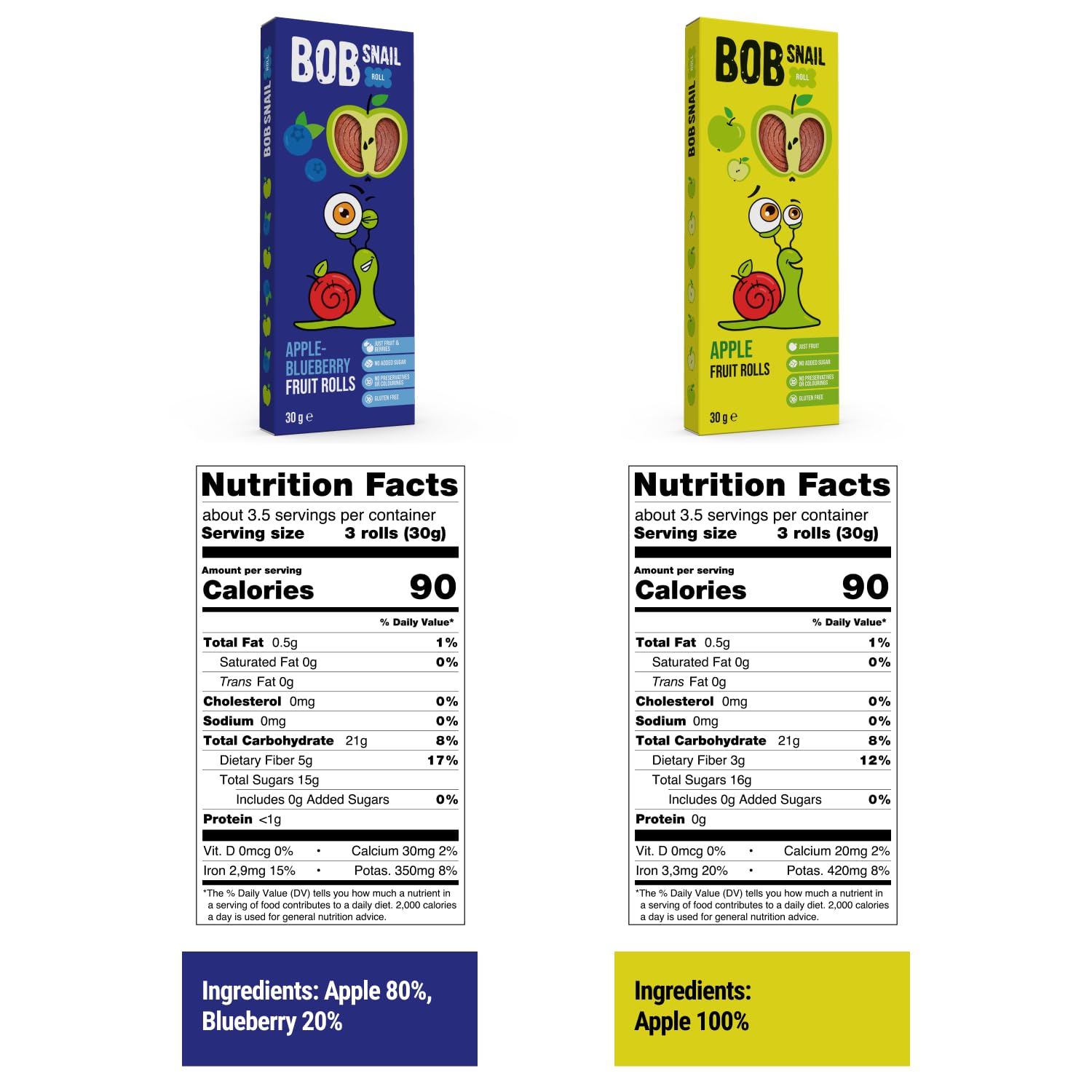 BOB SNAIL Healthy Fruit Snacks for Kids and Adults – 60 Fruit Roll Up