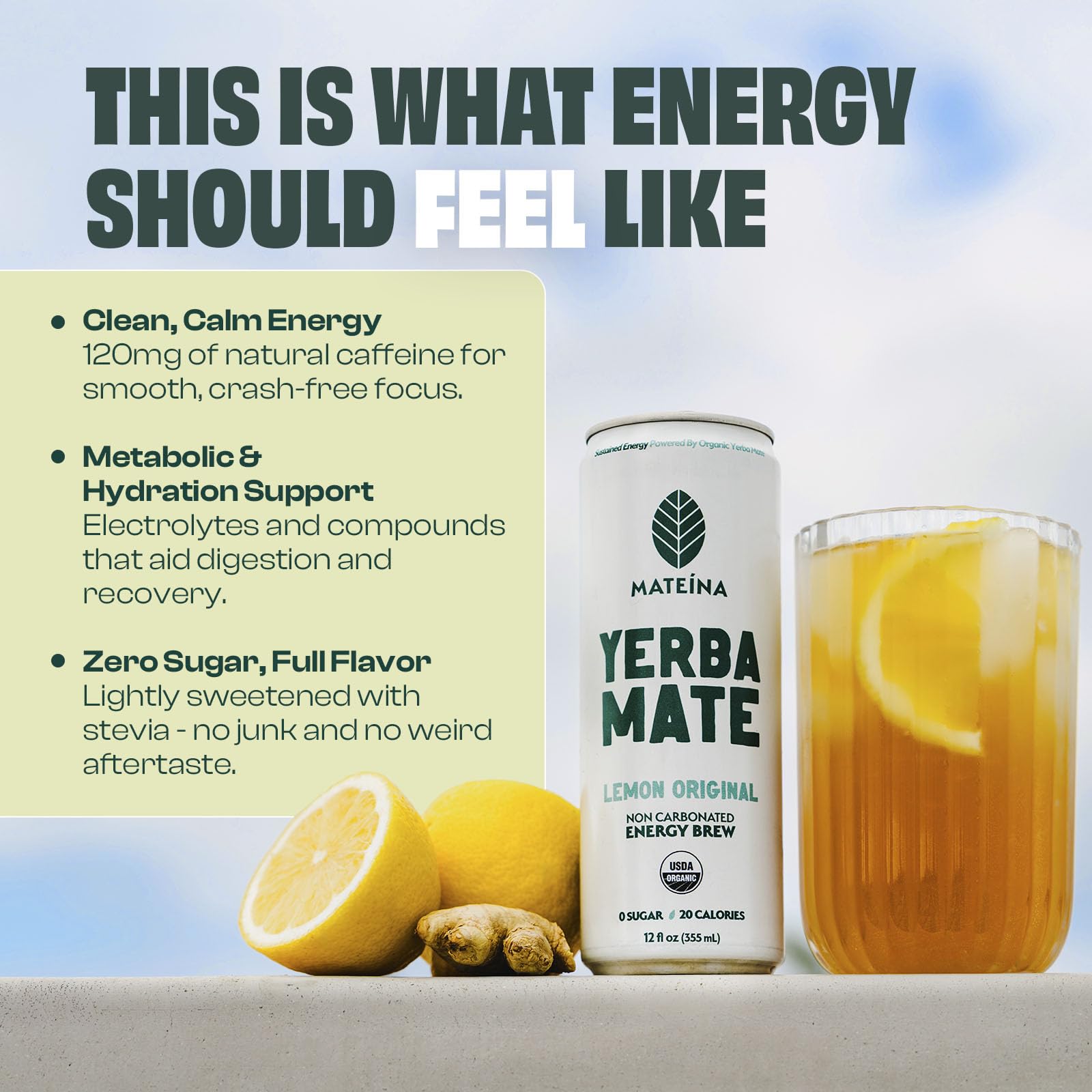 Mateina Yerba Mate Energy Drink, 12 fl oz, 12 Pack