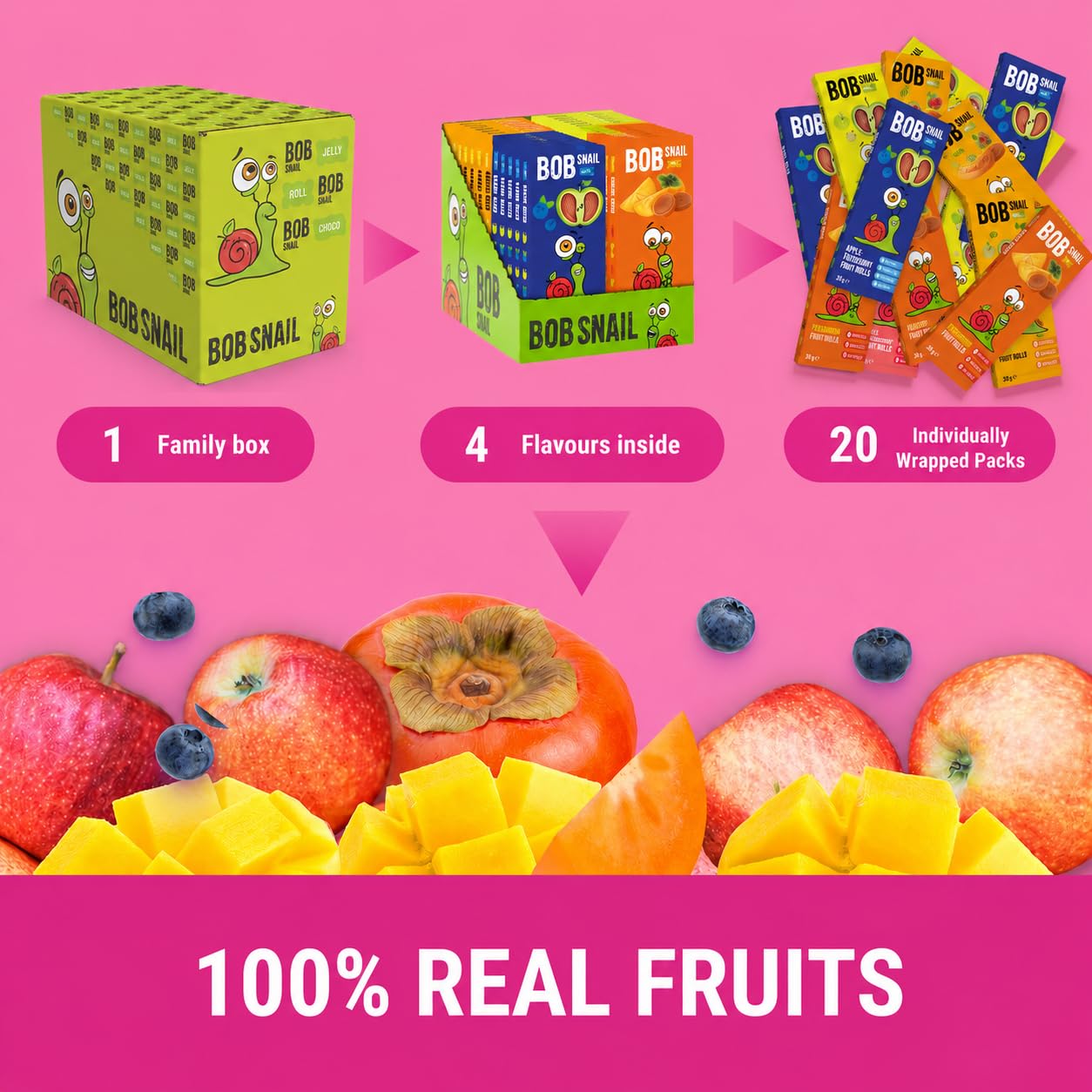 BOB SNAIL Healthy Fruit Snacks for Kids and Adults – 60 Fruit Roll Up