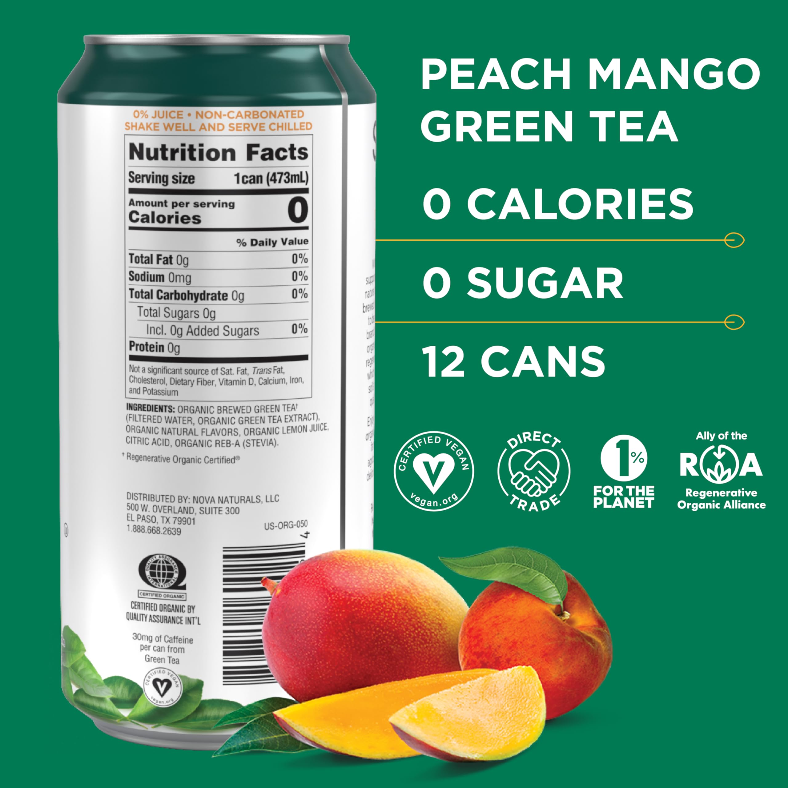 Organic Peach Mango Green Tea – Zero Sugar, 16 fl oz