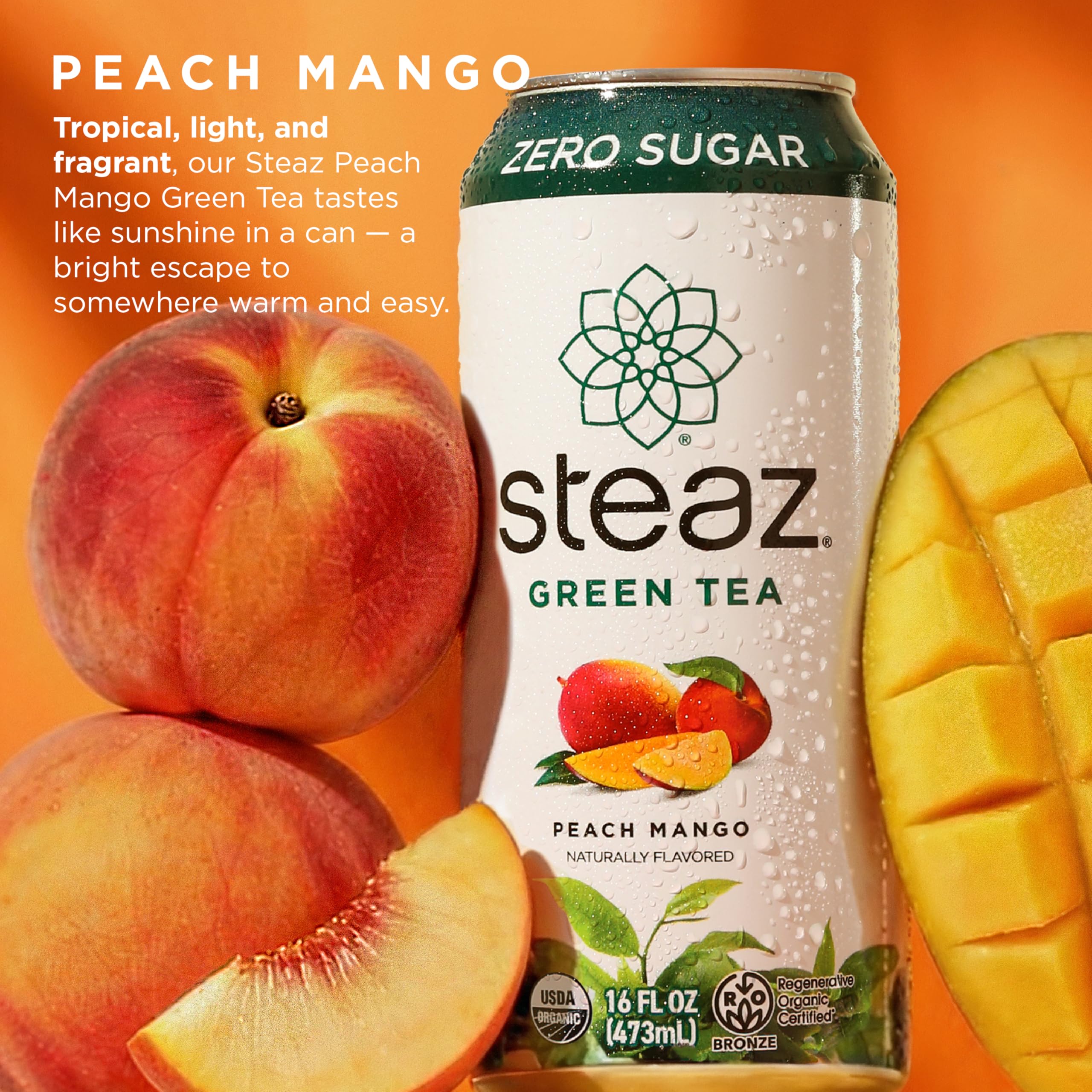 Organic Peach Mango Green Tea – Zero Sugar, 16 fl oz